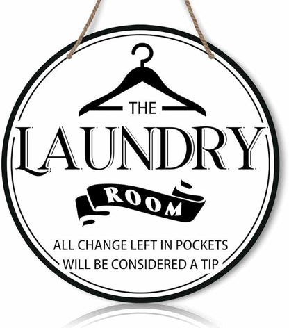 Laundry Room All Change Left In Pockets Will Be Considered A Tip White Round Rustic Wood Sign Plaque Vintage Wall Art Cute Wooden Hanging Sign Decor for Home Farmhouse Bathroom 12 Inch
