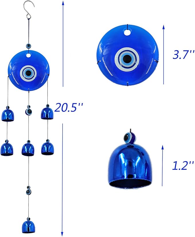 BWINKA Blue Evil Eye Wind Chime for Outdoor & Indoor - Shatter-Resistant Transparent Acrylic Suncatcher & Blue Metal Bells Wall Hanging Decor for Protection, Good Luck Gift