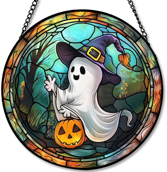 Stained Glass Window Hanging Halloween Ghost with Pumpkin 7.8in Sun Catchers Panel for Indoor Decorative Display for Mom Wife Lovers Festive