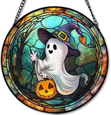 Stained Glass Window Hanging Halloween Ghost with Pumpkin 7.8in Sun Catchers Panel for Indoor Decorative Display for Mom Wife Lovers Festive