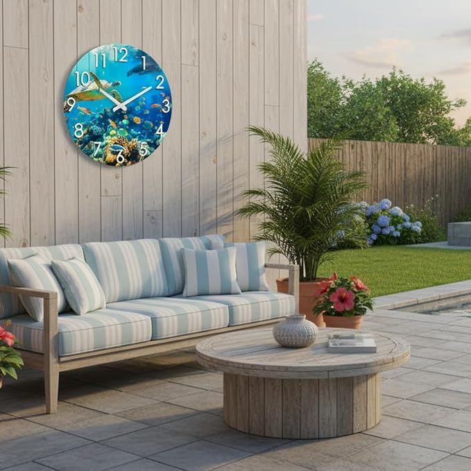 Crosstime 16 Inch Large Outdoor Wall Clock Waterproof - Sea Turtle & Coral Reef Ocean Life Theme, Tempered Glass Face - Silent Coastal Decor Clock for Outside Patio, Poolside, Garden, Beach House