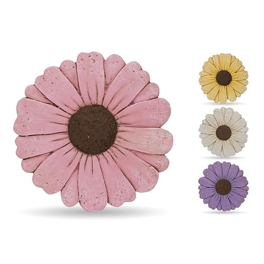 Landoraloria Cement Flower Stepping Stone 10” Daisy Garden Path Stone for Yard & Walkway Handcrafted Non-Slip Outdoor Patio Decor Weather-Resistant Cement Stone (Pink)