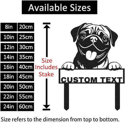 Custom Metal Pug Dog Garden Stake Sign, Personalized Pet Dog Statue Sculpture Garden Marker Outdoor Sign, Customized Cute Animal Pug Yard Art Backyard Lawn Signs Plaque with Stakes