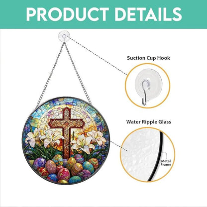 Easter Stained Glass Window Hanging,Suncatcher Cross with Lilies Christian Window Hanging Decor Colorful Religious Glass Ornament for Home, Church, Spring Easter Gifts 7.8 in