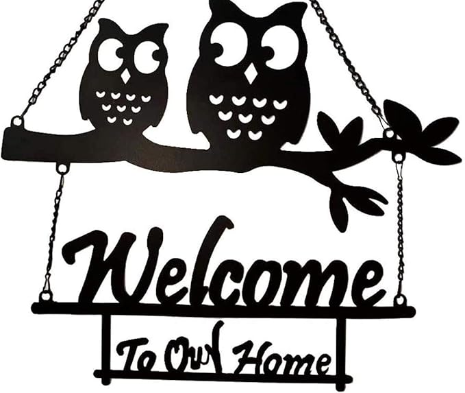 Metal Hanging Owl Welcome Sign Wall Decor,Decorative Rustic Owl hanging Sign for Front Door Yard Patio Indoor Outdoor Wall Decoration