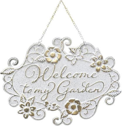 All Chic Welcome to My Garden Sign Hanging Yard Sign for Garden Decor Rustic Farmhouse Backyard Outdoor Wall Decor(White)