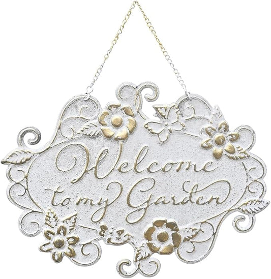 All Chic Welcome to My Garden Sign Hanging Yard Sign for Garden Decor Rustic Farmhouse Backyard Outdoor Wall Decor(White)