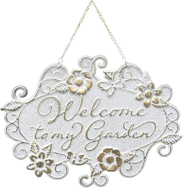 All Chic Welcome to My Garden Sign Hanging Yard Sign for Garden Decor Rustic Farmhouse Backyard Outdoor Wall Decor(White)