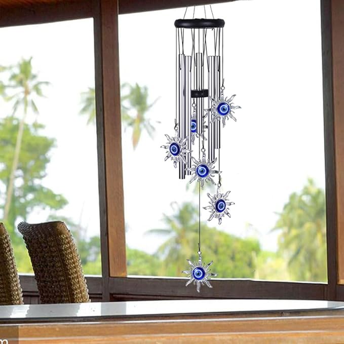 Blue Evil Eye Heart Wind Chimes, Metal Tubes Hanging Ornaments, Car Outdoor Garden Decor (Sun)