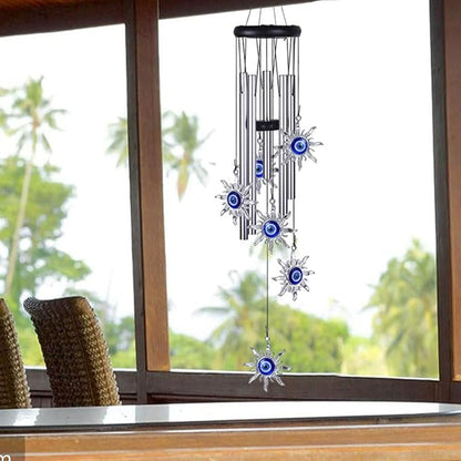 Blue Evil Eye Heart Wind Chimes, Metal Tubes Hanging Ornaments, Car Outdoor Garden Decor (Sun)