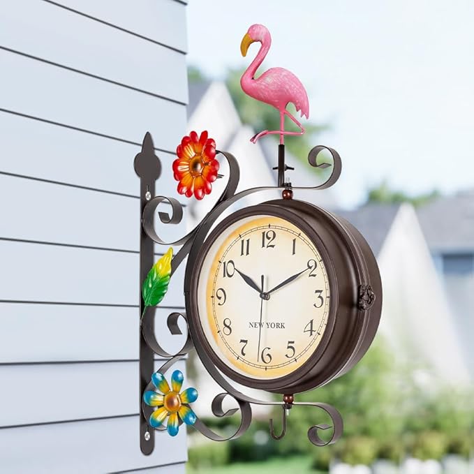 Flamingo Vintage Double Sided Wall Clock with Metal Frame Antique Wall Clock for Outdoor Decorative Art Decor for Living Room Restaurants Office Kitchen Silent Watches & 360 Degree Rotate