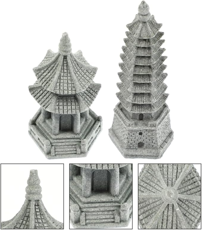 Set of 2 Pagoda Garden Miniature Sculptures - Zen Tower Decor Statues for Indoor and Outdoor Fairy Gardens - Asian Figurines for Chinese Outdoor Pagoda Decor for Home and Garden Enthusiasts