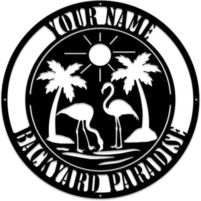 MeMate Flamingo Sign, Backyard Sign Outdoor Decor, Personalized Metal Sign for Backyard, Custom Name Signs for Patio Porch, Deck, 8-24 in Large Metal Sign for Outside, Housewarming Gifts
