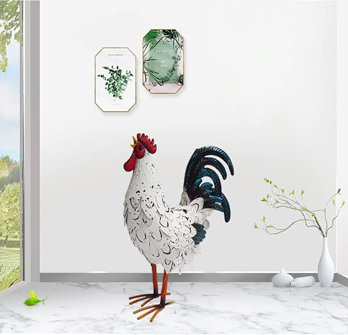 Metal Rooster Decor， Chicken Animal Yard Art Lawn Ornament Figurines Artwork for Outdoor, Patio,Backyard and Home Kitchen Decoration (White)