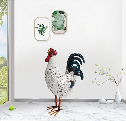Metal Rooster Decor， Chicken Animal Yard Art Lawn Ornament Figurines Artwork for Outdoor, Patio,Backyard and Home Kitchen Decoration (White)