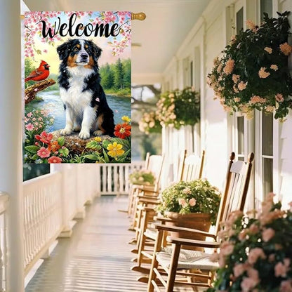 Large Spring Summer House Flags 28 x 40 Double Sided, Burlap Australian Shepherd Dog Flowers Spring Summer Flags for Outside, Seasonal Farmhouse Outdoor Yard Décor