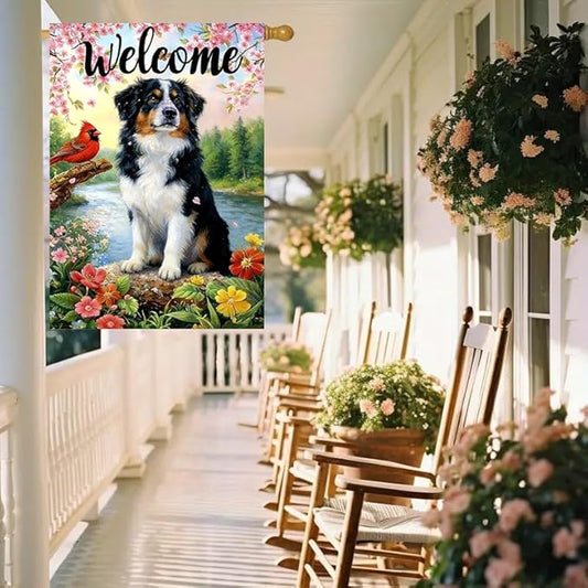 Large Spring Summer House Flags 28 x 40 Double Sided, Burlap Australian Shepherd Dog Flowers Spring Summer Flags for Outside, Seasonal Farmhouse Outdoor Yard Décor