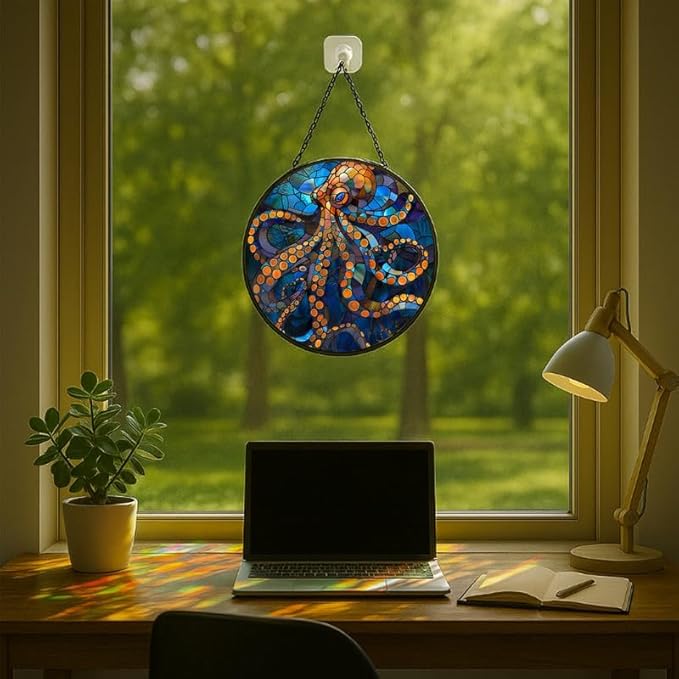 Stained Glass Window Hanging Octopus Theme 9.8in Sun Catchers Panel for Indoor Decorative Display for Mom Wife Lovers Festive