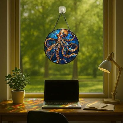 Stained Glass Window Hanging Octopus Theme 6.3in Sun Catchers Panel for Indoor Decorative Display for Mom Wife Lovers Festive