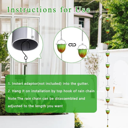 Rain Chains for Outside, 10FT Rain Water Chain with 12 Lily Cups, Adjustable Rain Gutter Chain with Bell for Eaves Drainage, Replacement for Downspout