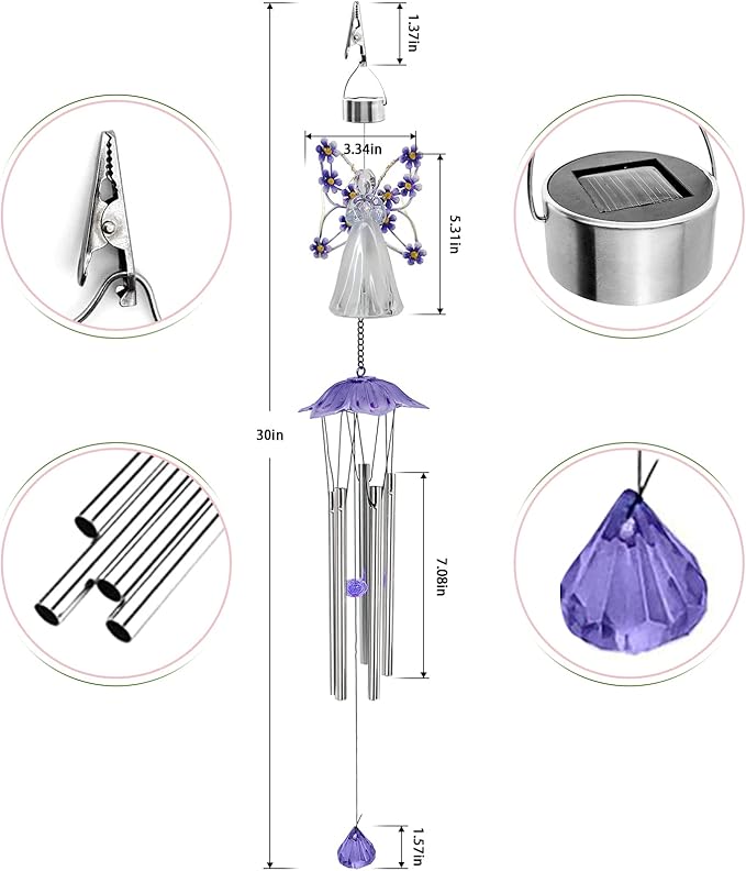 Solar Angel LED Wind Chimes for Outdoor Garden Decoration - Waterproof Hanging Lights for Window, Gazebo, Patio - Gifts for Women (Purple)