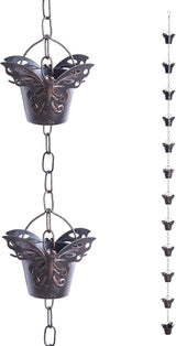 TZSSP Rain Chain, Iron Rain Chains-12 Cups,8FT Gutter Rain Chain,Adjustable Rain Catcher Chain for Outdoor Garden Decor,Replacement Downspout for Gutters,Butterfly