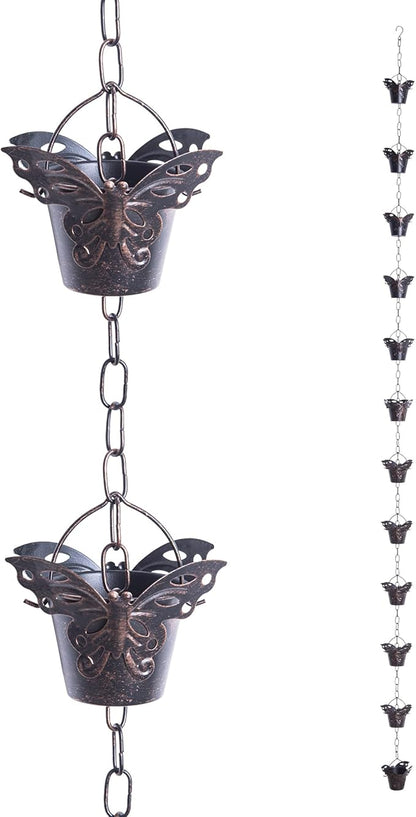 TZSSP Rain Chain, Iron Rain Chains-12 Cups,8FT Gutter Rain Chain,Adjustable Rain Catcher Chain for Outdoor Garden Decor,Replacement Downspout for Gutters,Butterfly