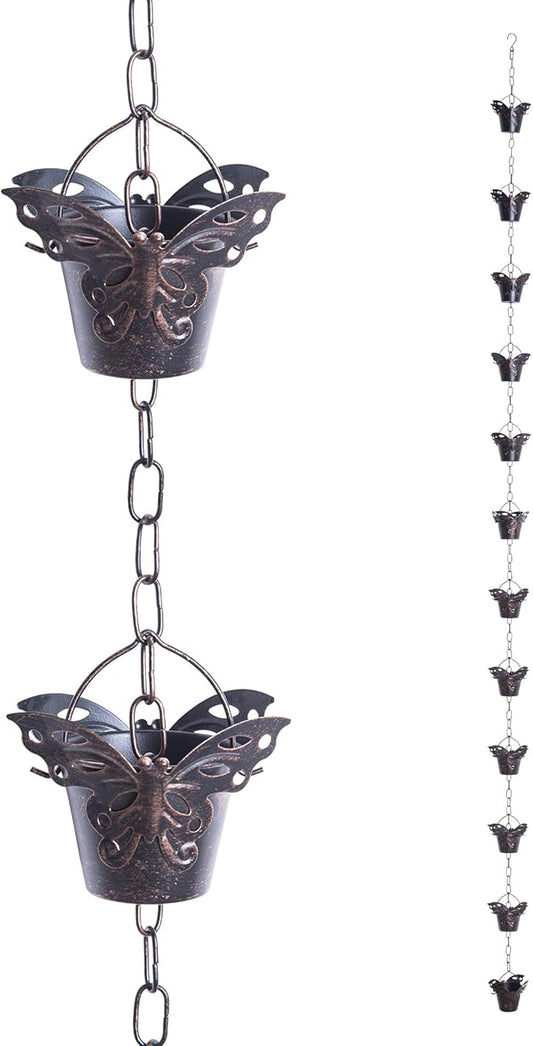 TZSSP Rain Chain, Iron Rain Chains-12 Cups,8FT Gutter Rain Chain,Adjustable Rain Catcher Chain for Outdoor Garden Decor,Replacement Downspout for Gutters,Butterfly