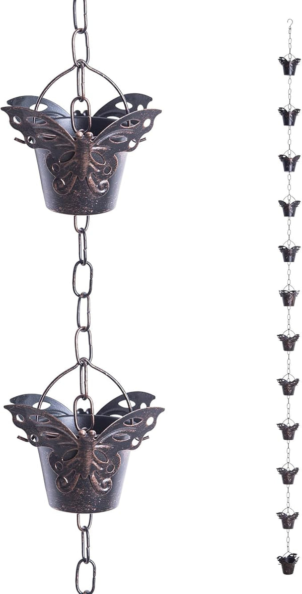 TZSSP Rain Chain, Iron Rain Chains-12 Cups,8FT Gutter Rain Chain,Adjustable Rain Catcher Chain for Outdoor Garden Decor,Replacement Downspout for Gutters,Butterfly