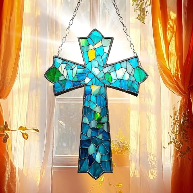 Cross Acrylic Suncatcher Hanging Christmas Ornament Stained Glass Effect Window Car Indoor Outdoor Decor Garden Sun Catcher Gifts Religious Decorations for Women Mom Grandma