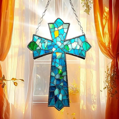 Cross Acrylic Suncatcher Hanging Christmas Ornament Stained Glass Effect Window Car Indoor Outdoor Decor Garden Sun Catcher Gifts Religious Decorations for Women Mom Grandma