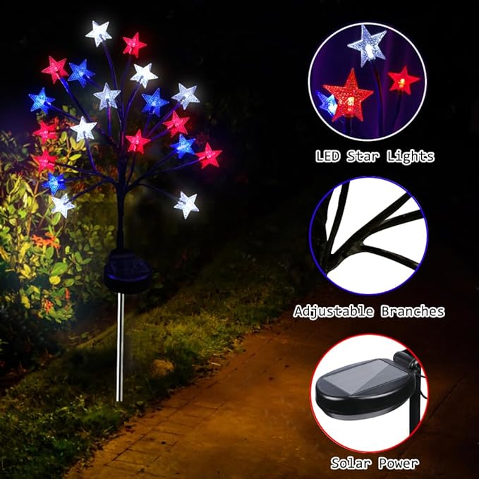2 Packs Solar 4th of July Decorations Star Stake Lights, Waterproof Outdoor Red White and Blue Star Lights, 20LEDs with 3D Shaped Crystal Star Lights for Yard Garden Pathway Decorations