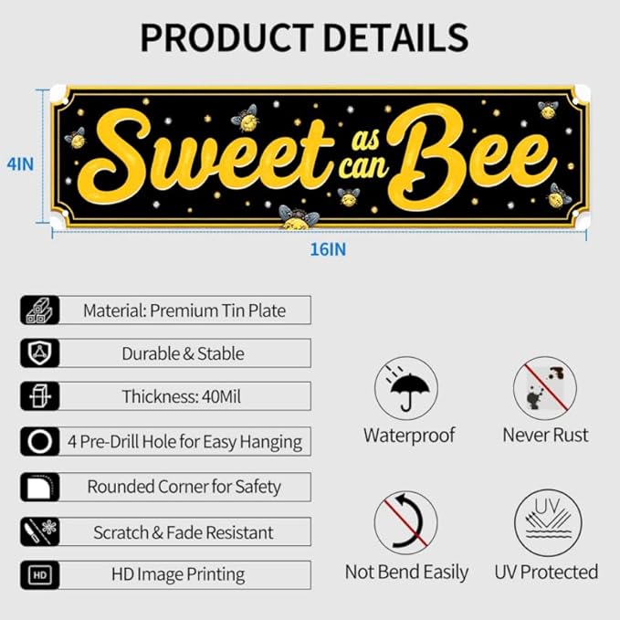 Sweet Bee Tin Decor 16 * 4 Inches "Sweet as can Bee" Kitchen/Patio Wall Art - Retro Bee Accent, Honey Decor, Kitchen Metal Sign