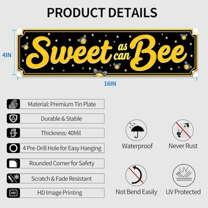 Sweet Bee Tin Decor 16 * 4 Inches "Sweet as can Bee" Kitchen/Patio Wall Art - Retro Bee Accent, Honey Decor, Kitchen Metal Sign