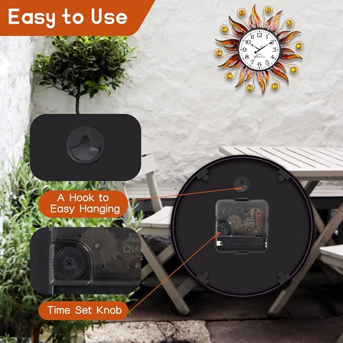 Outdoor Clock Silent Non-Ticking, 13" Sun Outdoor Wall Clock for Patio, Living Room, Home Decor（Orange）