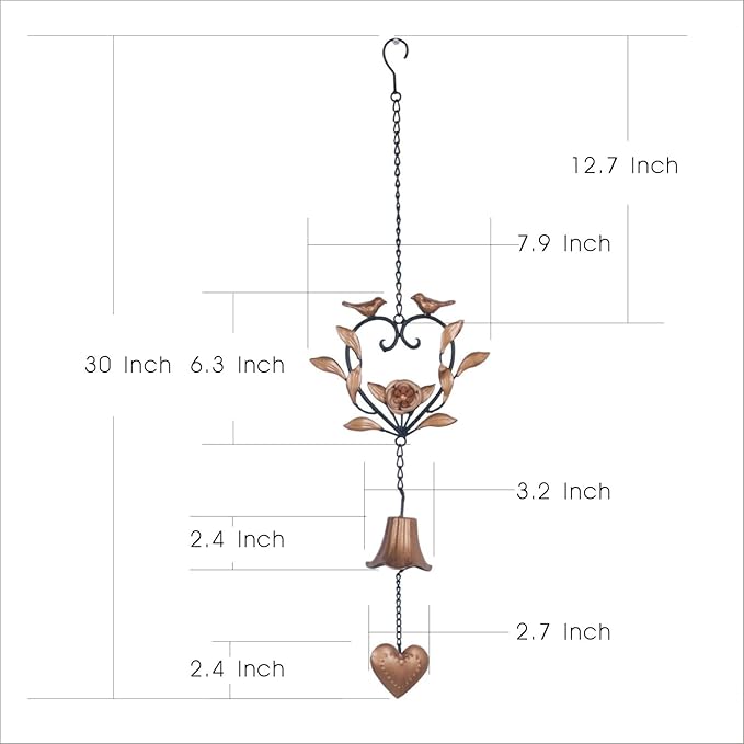 Yamfurvo Antique Metal Bird Wind Chime, Portable Floral Heart Shaped Wind Bell with Hook and Wave, Decorative Chime with Musical Sound for Garden, Patio, Balcony, Gold
