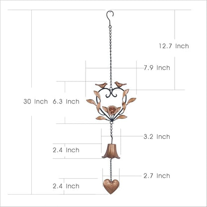 Yamfurvo Antique Metal Bird Wind Chime, Portable Floral Heart Shaped Wind Bell with Hook and Wave, Decorative Chime with Musical Sound for Garden, Patio, Balcony, Gold