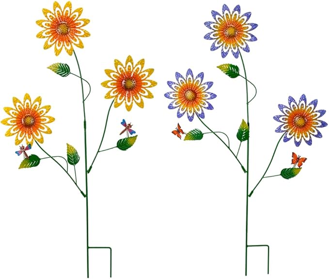 Garden Decor for Outside,2 Pack Metal Yard Art Sunflower Decorative Garden Stakes with Butterfly & Dragonfly for Spring Outdoor Lawn Backyard Porch Patio Decor