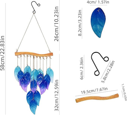 Wind Chimes Blue Glass Leaves, Garden Wind Chime for Home, Party, Festival Decor, Glass Garden Patio Yard Porch Decoration Indoor/Outside, Lifelike Leaf Style