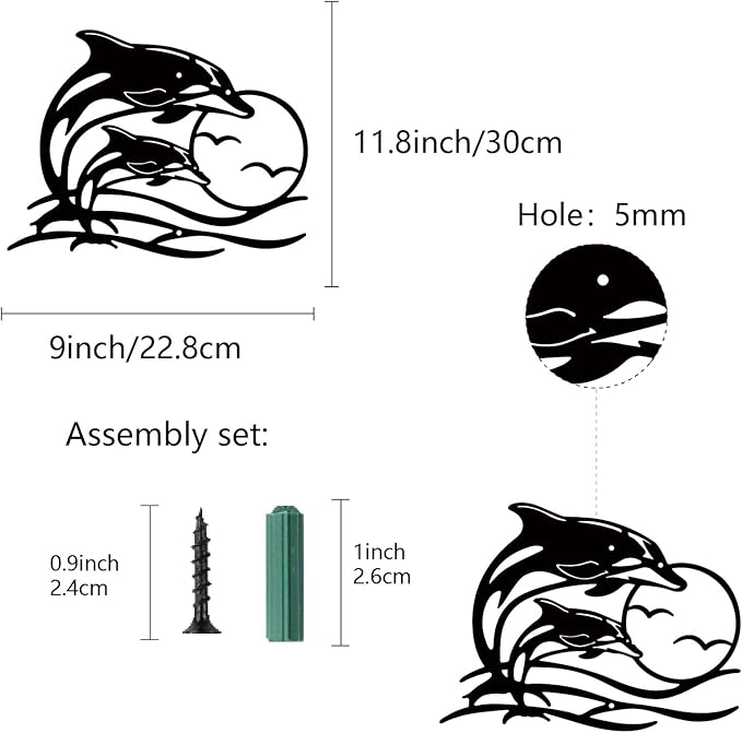 CREATCABIN Dolphin Sunset Metal Wall Art Coastal Seagull Black Iron Wall Silhouette Decor Modern Abstract Hanging Sculpture Ornament Art Plaque for Hotel Bedroom Housewarming Gifts 11.8 x 9 inch