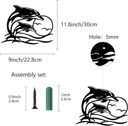 CREATCABIN Dolphin Sunset Metal Wall Art Coastal Seagull Black Iron Wall Silhouette Decor Modern Abstract Hanging Sculpture Ornament Art Plaque for Hotel Bedroom Housewarming Gifts 11.8 x 9 inch