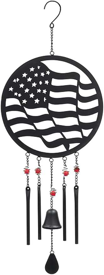 Carson 32" American Flag Silhouette Wind Chime - Black Metal Stars and Stripes Windchime - Outdoor Chimes for Garden, Patio, Porch