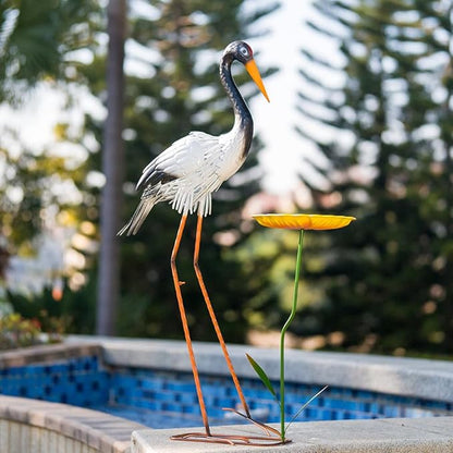 38" Metal Crane Garden Statue with Bird Bath, Large Outdoor Heron Sculpture,Rust-Proof Garden Sculptures & Statues,Yard Art for Patio & Backyard