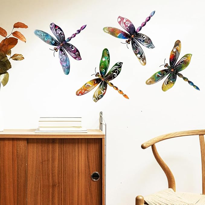 Set of 4 Colorful Dragonfly Metal Sign Art Decor,4Pcs Dragonflies Silhouette Wall Hanging Gifts for Birthday Housewarming,Dragonfly Ornament Decorate for Fence Garden Yard Patio Farmhouse Ranch