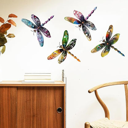 Set of 4 Colorful Dragonfly Metal Sign Art Decor,4Pcs Dragonflies Silhouette Wall Hanging Gifts for Birthday Housewarming,Dragonfly Ornament Decorate for Fence Garden Yard Patio Farmhouse Ranch