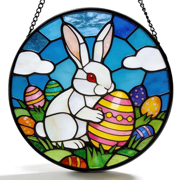 Funoasis Bunny Stained Glass Suncatcher - 6.3 Inches Easter Egg Hanging Window Ornaments for Home and Garden Holidy Gift