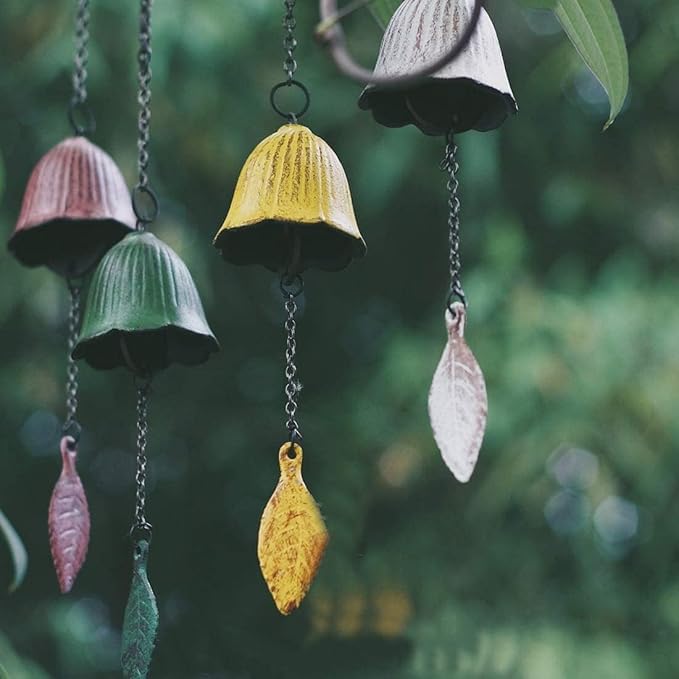 Japanese Traditional Lucky Small Wind Chimes for Outside, Yellow Leaf Iwachu Cast Iron Bless Temple Wind Bell Memorial and Sympathy Leaf Wind Chimes Indoor Garden Bell, Patio, Balcony