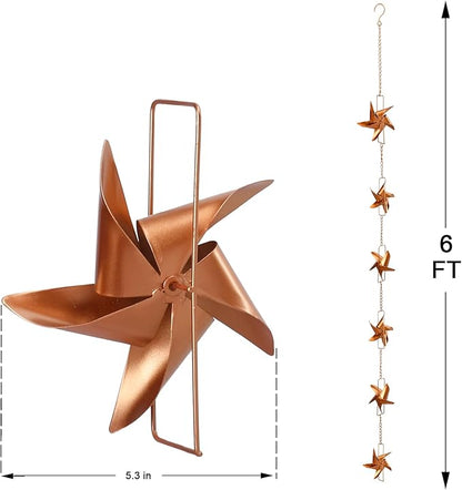 taman Rain Chain Set, 6ft Windmill Rain Chain for Gutters,Copper Rain Chain Cups to Replace Gutter Downspout, Divert Water, 6 Cups, Rose Gold