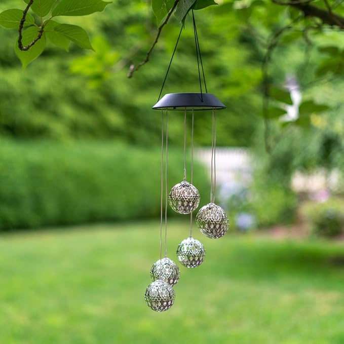 Solar Metal Orb Wind Chime Mobile - Rainbow Color Changing LED Lights, Outdoor, Weather Resistant - for Home, Garden, Decoration, Trees, Patio, Deck