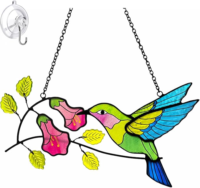 Hummingbird Stained Glass Suncatcher, Handmade Colorful Window Hanging Sun Catcher Ornament for Home & Garden Decor, Great Gift Idea for Bird Lovers & Mom